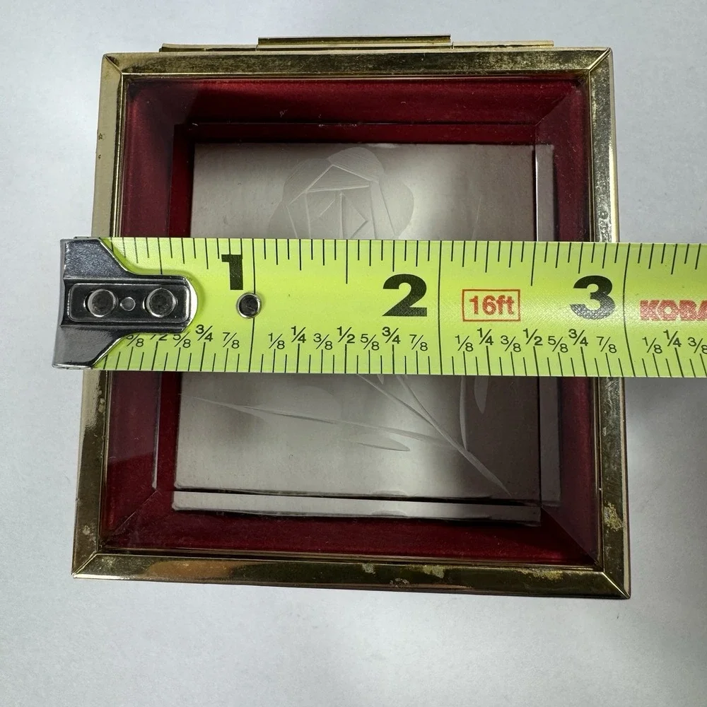 Vintage MELE Beveled Glass Jewelry Trinket Box Etched Rose Red Velvet Taiwan ROC